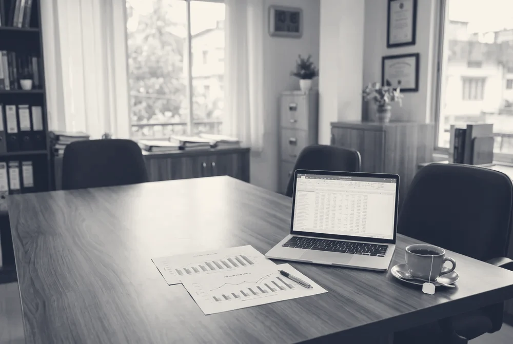Meeting table with cash-flow charts, a laptop spreadsheet and a cup of Assam tea
