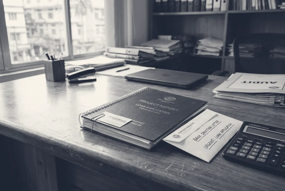 Spiral-bound detailed project report, bank envelope and calculator prepared for a loan application